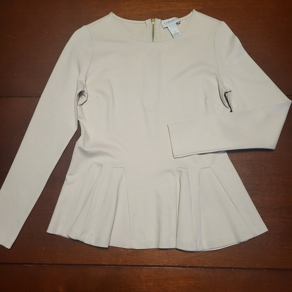 Carmen Marc Valvo Long Sleeve Round Neck Peplum Top Small Cream